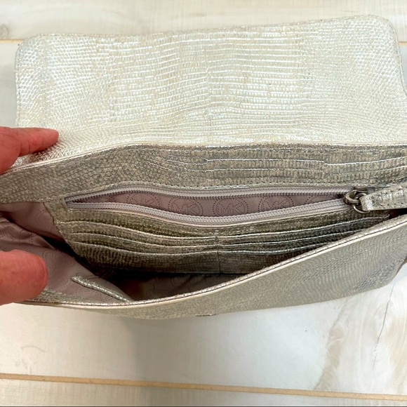 Michael Kors Silver Purse Chain Handle Shoulder Bag Leather Metallic - Picture 3 of 5